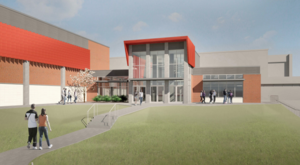 Architectural rendering showing the proposed Marion Senior High School gymnasium, entrance and surrounding campus area.