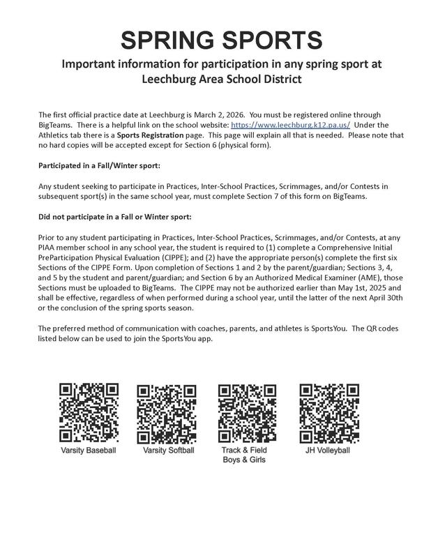 Spring sports official practices start March 2, 2026. Register through BigTeams.