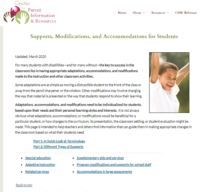 Center for Parent Information & Resources (CPIR) "Supports, Modifications, and Accommodations for Students"
