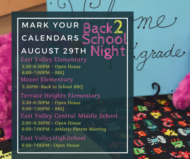 Back to school night digital flyer with dates and times - same information as listed in the body content.