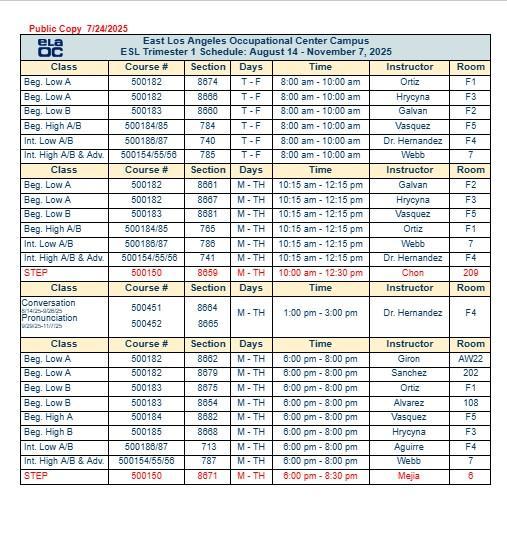 ESL Fall Schedule 2025