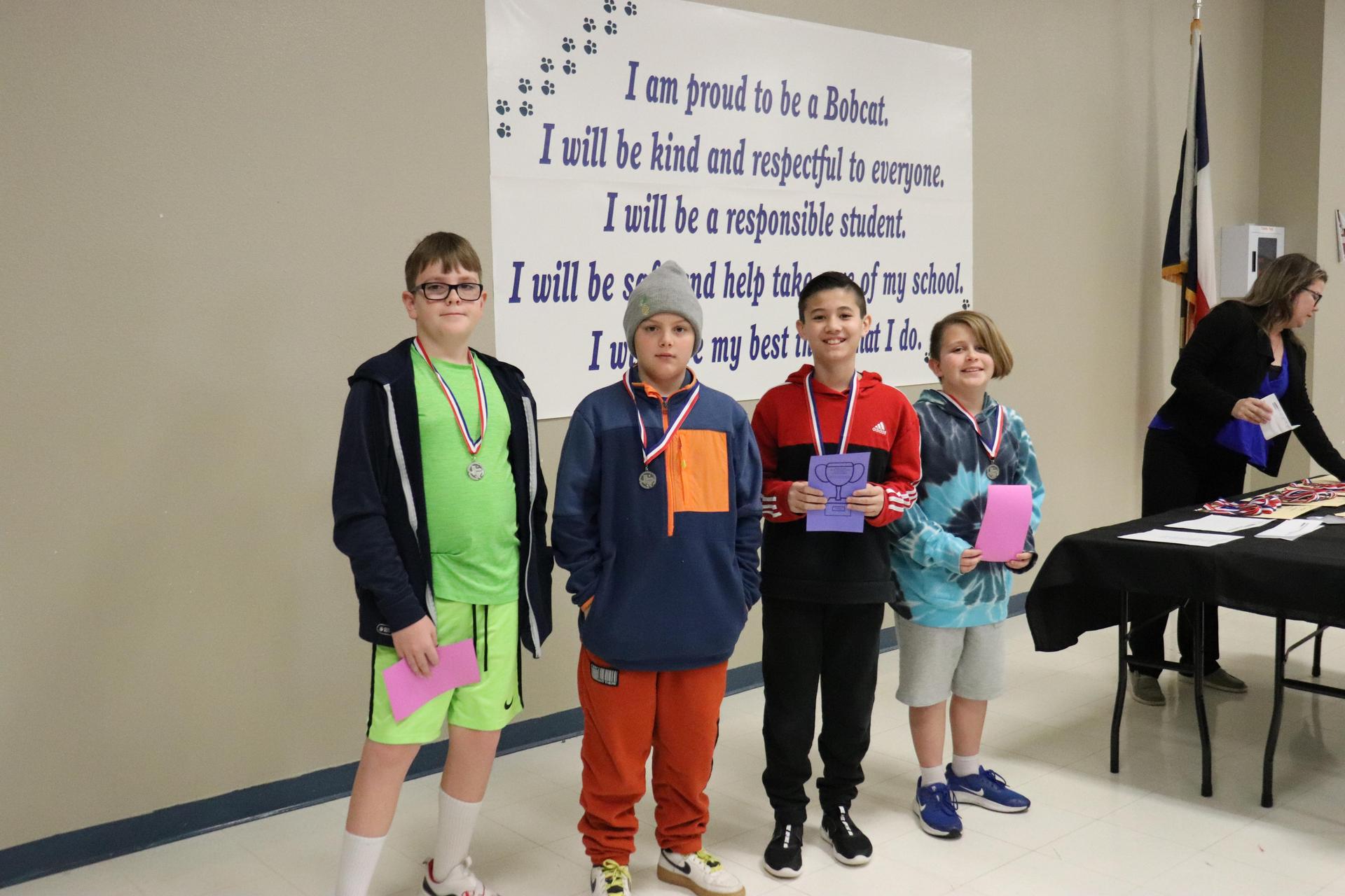 5th Grade Chess: Miles Boonpattrawong, Wyatt Kovach, Benjamin Rowles, and Wyatt Winslow Medalist: 2nd Place Team Overall 1st Place Individual- Miles Boonpattrawong 3rd Place Individual- Wyatt Winslow