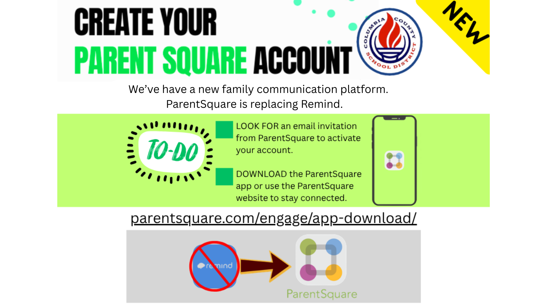 Announcement about creating a ParentSquare account with instructions.