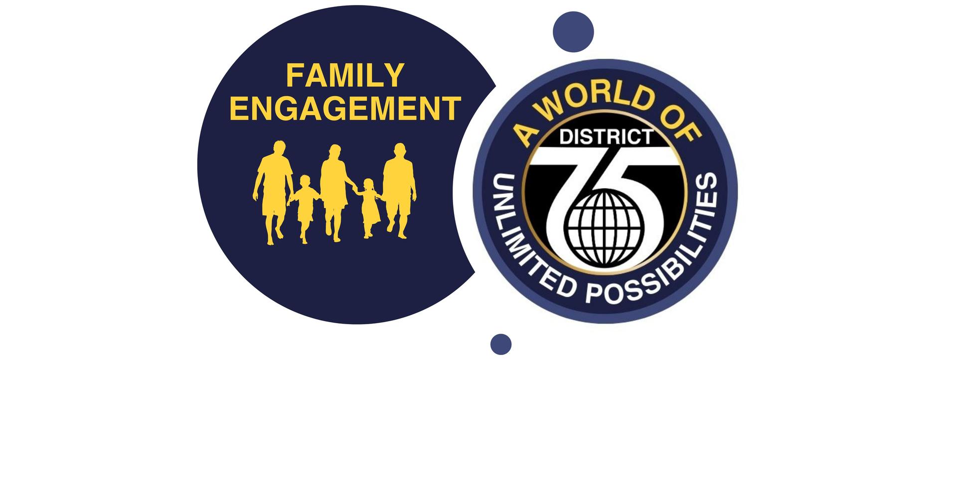 Family Engagement family holding hands in yellow and district 75 logo