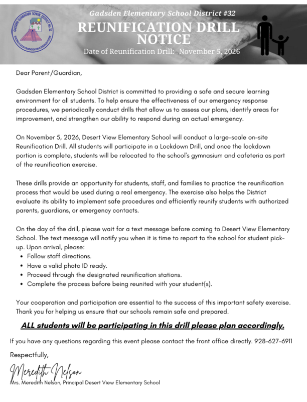Reunification Drill Information~ English