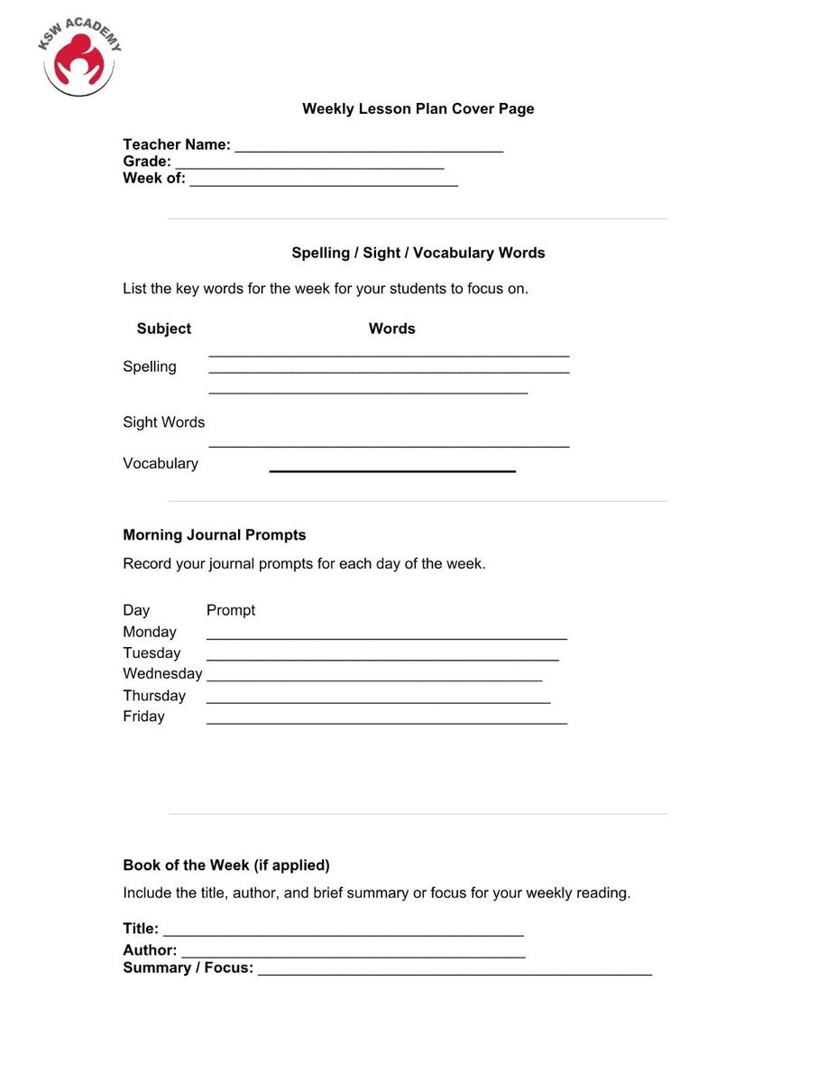 Weekly Lesson Plan Cover Page