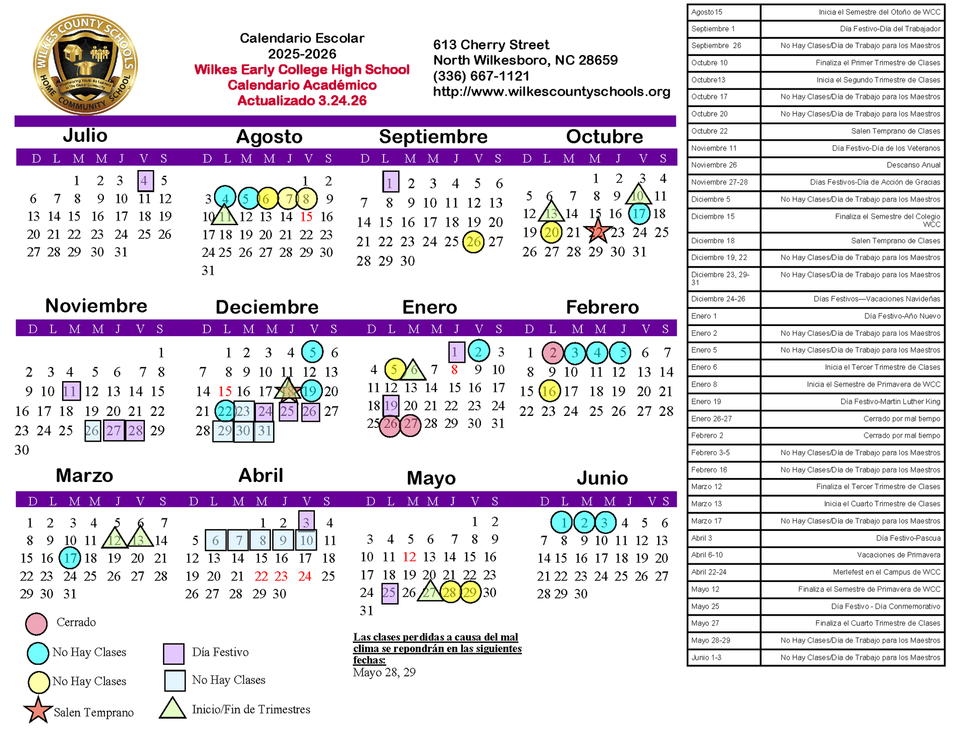 2025-2026 WECHS Spanish Academic Calendar. Fully accessible text version is provided below.