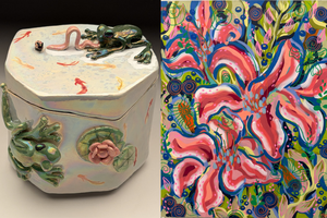 Ceramic on left by Alleigh Denning. Artwork on right Brianna Hart.