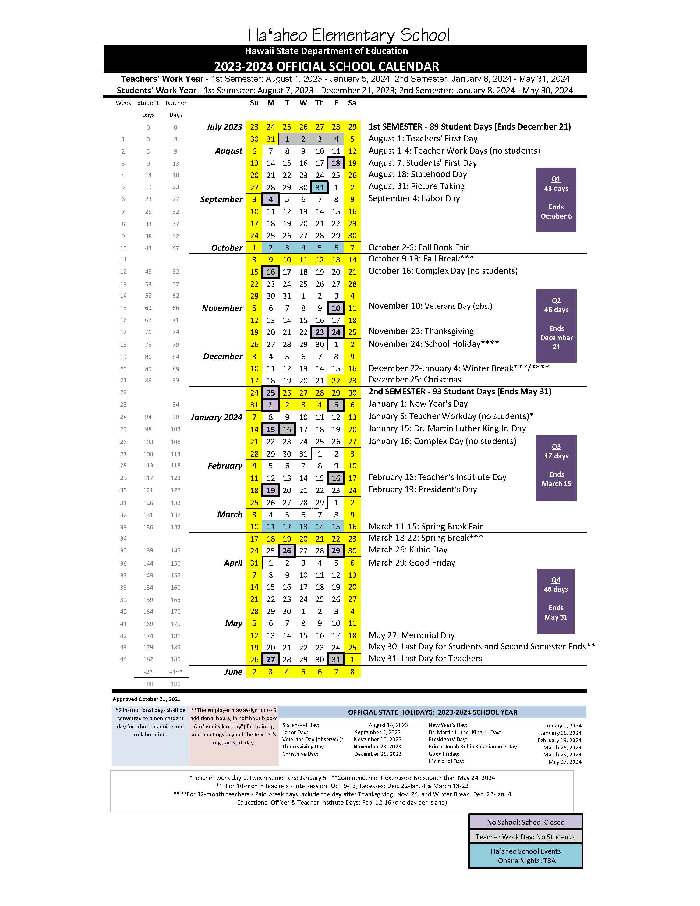 2023-2024 Official School Calendar – Parents – Haʻaheo Elementary School 2023-2024 Official School Calendar – Parents – Haʻaheo Elementary School