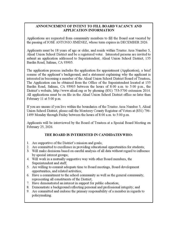 Graphic containing announcement of board vacancy