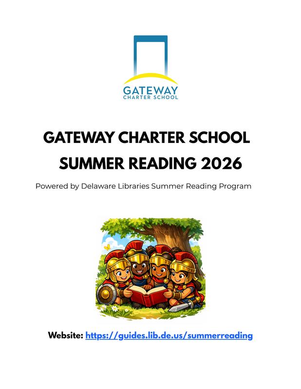 Text promoting summer reading program with children in Roman attire and a logo.