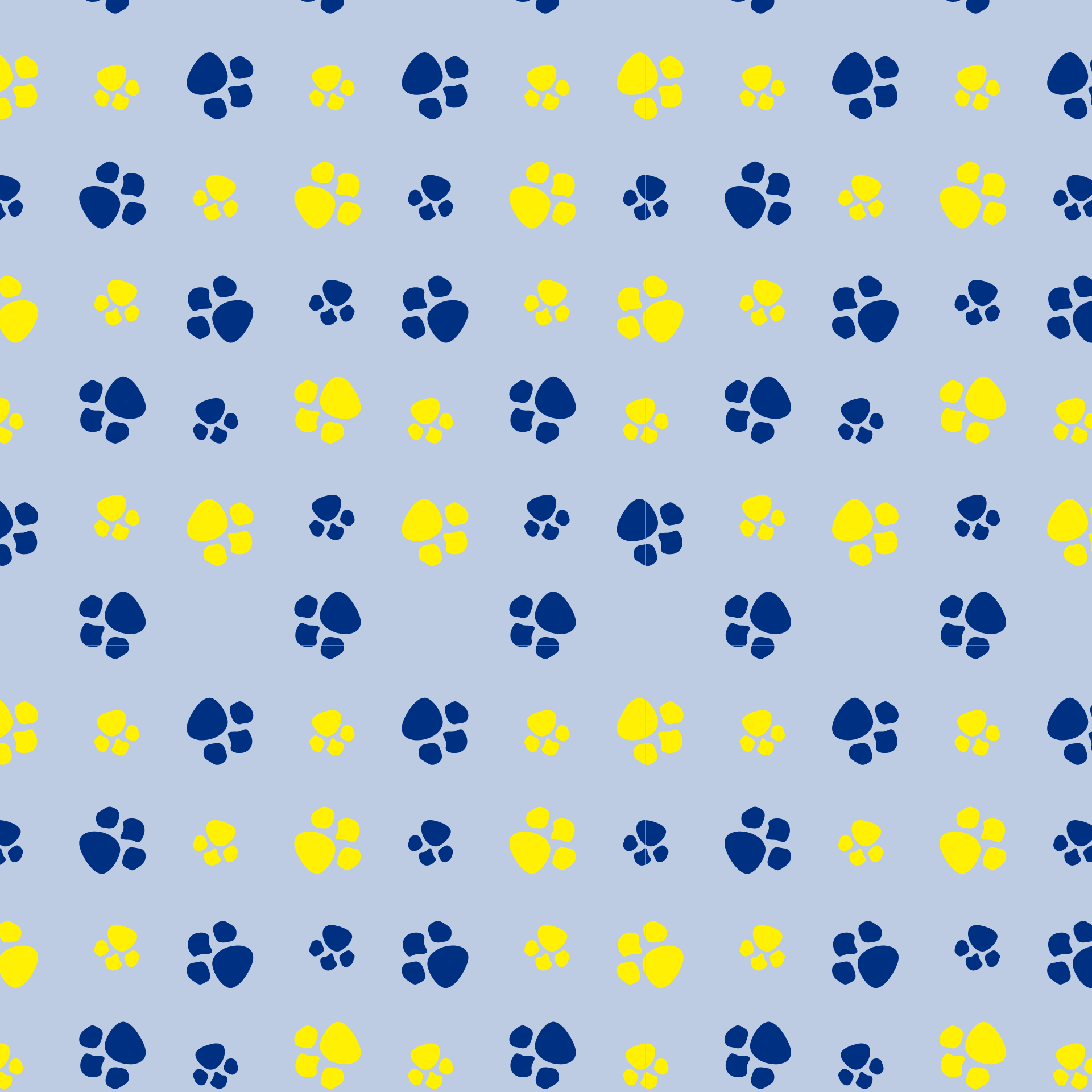 Repeating pattern of blue and yellow dog paw prints on a light blue background.