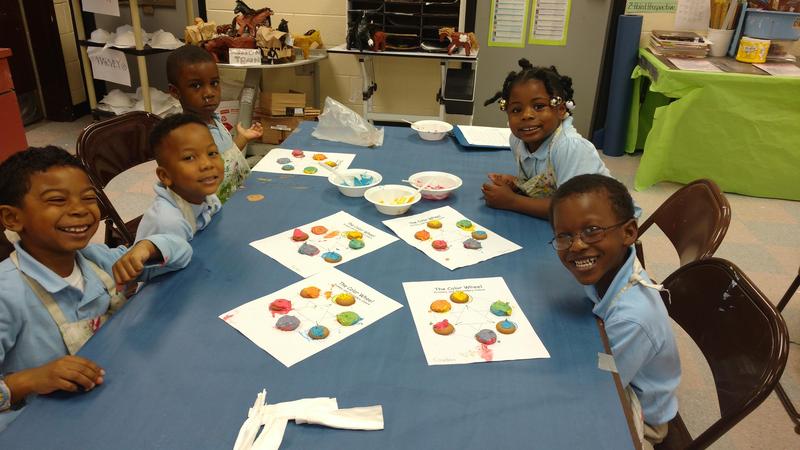 Pre-K students working on color wheels.