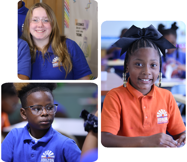 Collage showcasing various student activities including academics, science, and hands-on projects.