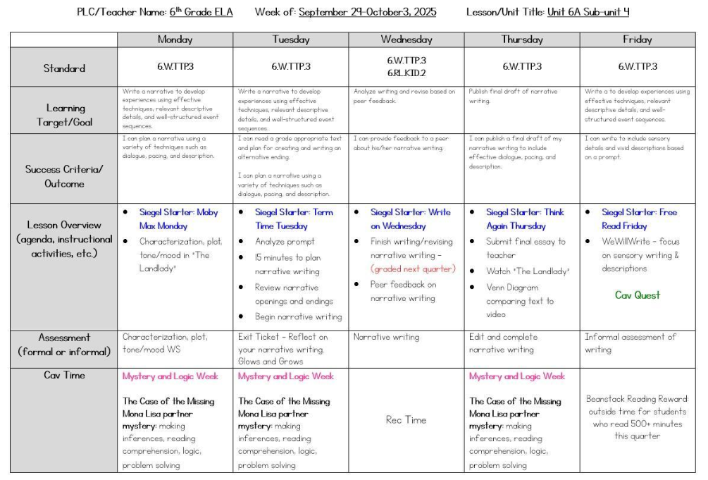 ELA Lesson Plans Sept 29 - Oct 3