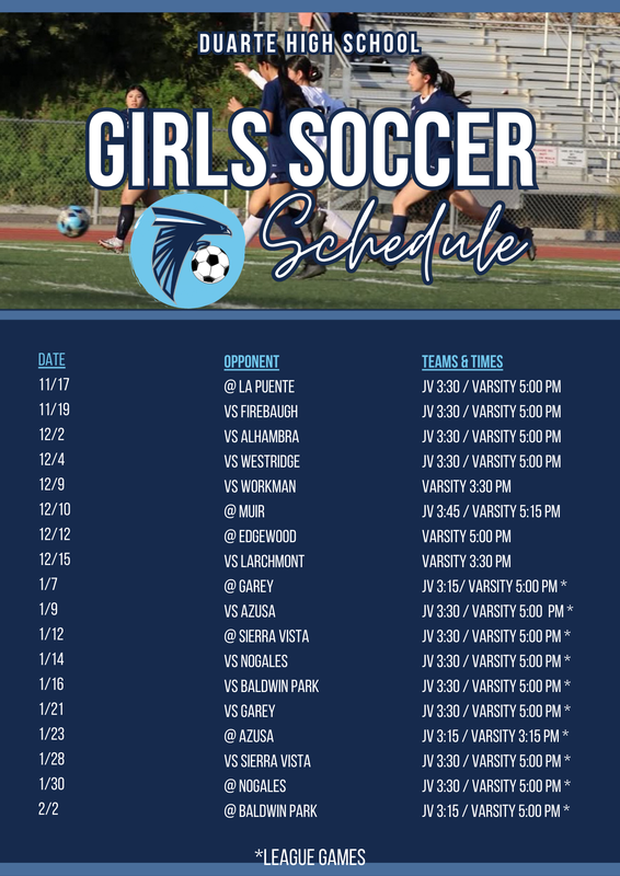 Girls soccer schedule with match details for Duarte High School.
