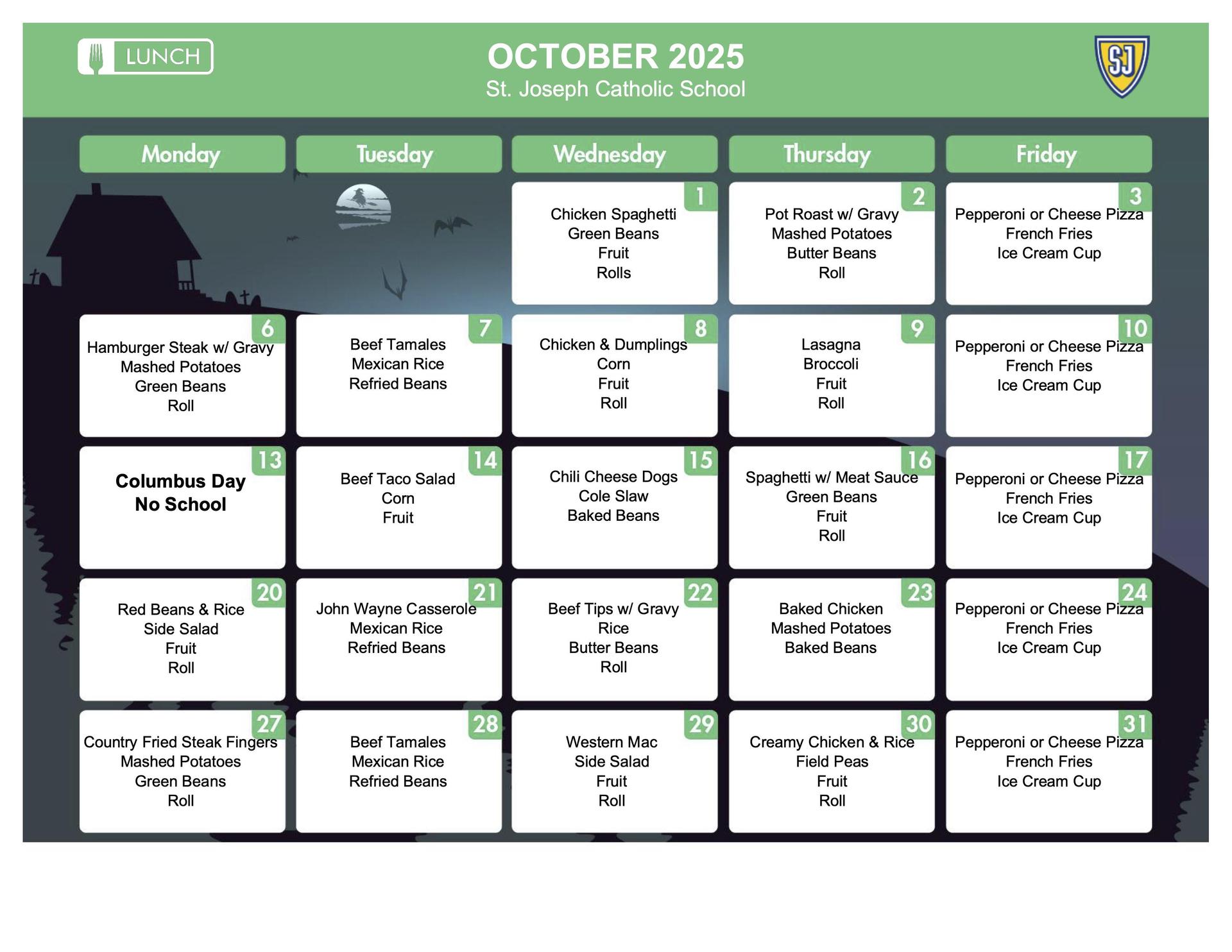 October lunch menu for students