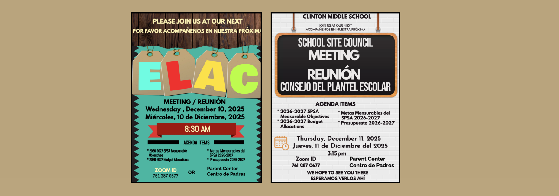 Join us at our next ELAC & SSC meetings.
Acompa&ntilde;enos en nuestra pr&oacute;ximas reuniones de ELAC y SSC.