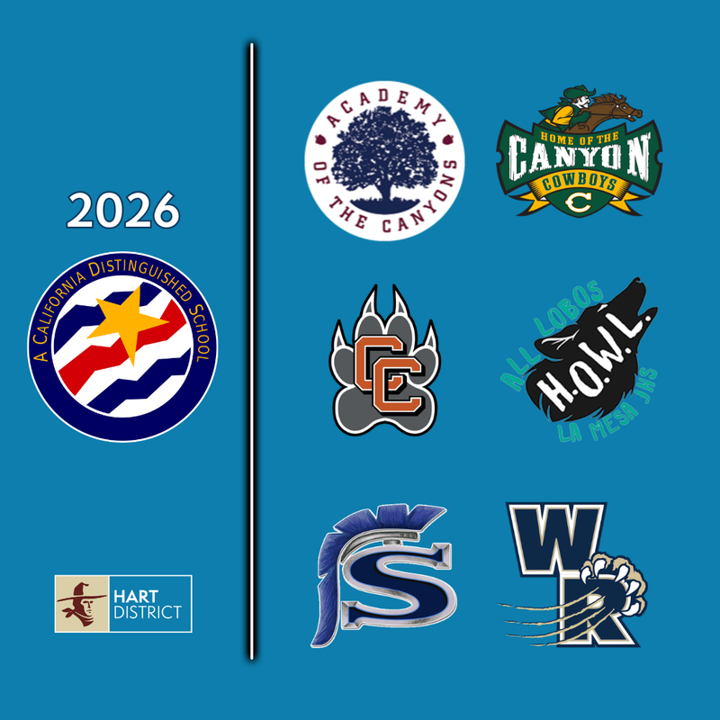 2026 California Distinguished School seal with logos of the six Hart District schools recognized