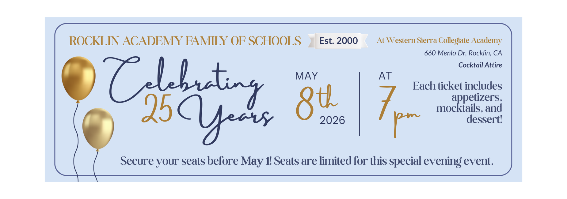Event announcement for Rocklin Academy's 25th anniversary celebration.