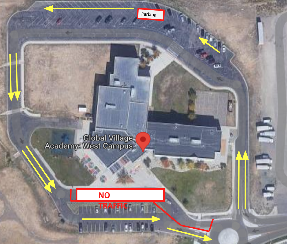 aerial view of global village academy west campus with yellow arrows showing elementary drop off traffic flow and no traffic zone marked in red