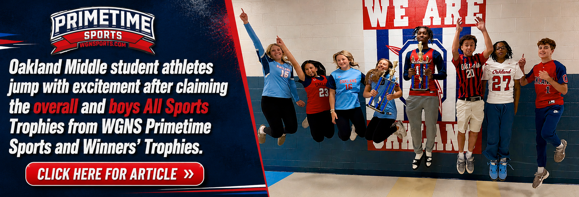 Oakland Middle student athletes jump with excitement after claiming the overall and boys All Sports Trophies from WGNS Primetime Sports and Winners' Trophies