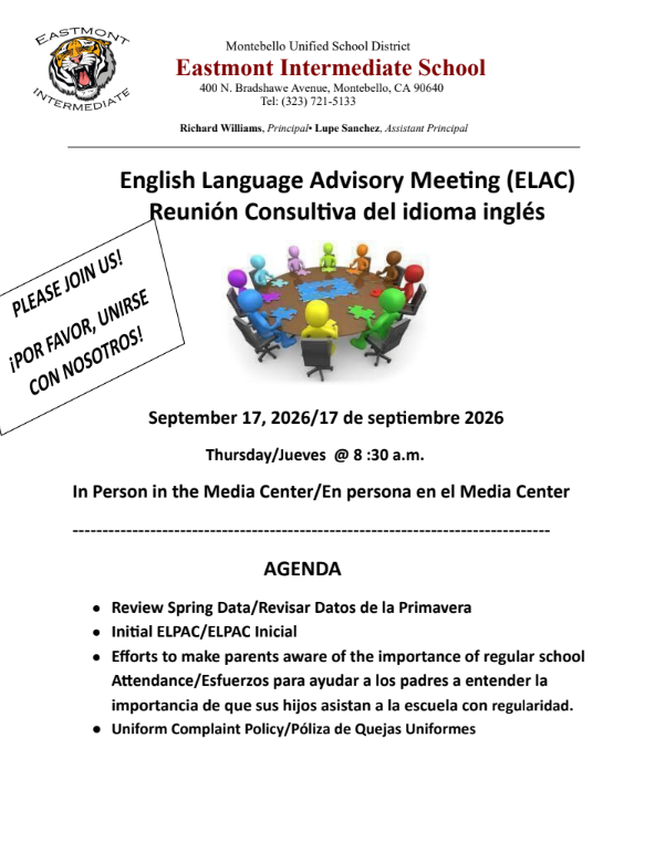 English Language Advisory Meeting (ELAC) Reunión Consultiva del idioma inglés