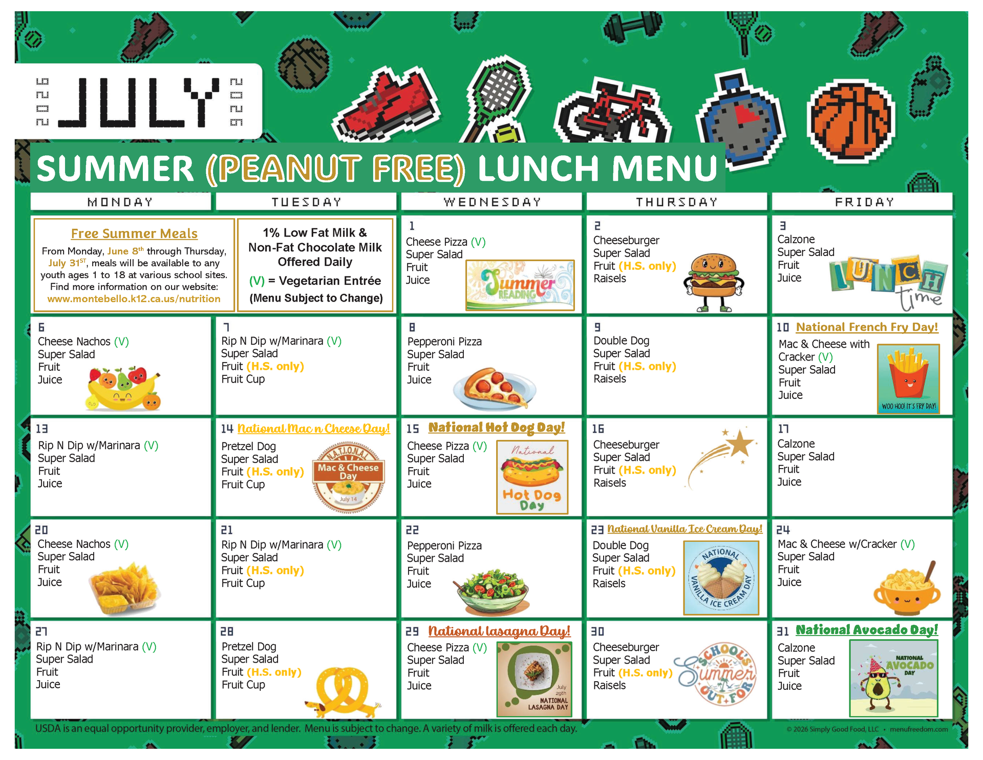 Summer School (PEANUT FREE) Lunch Menu (click to view)