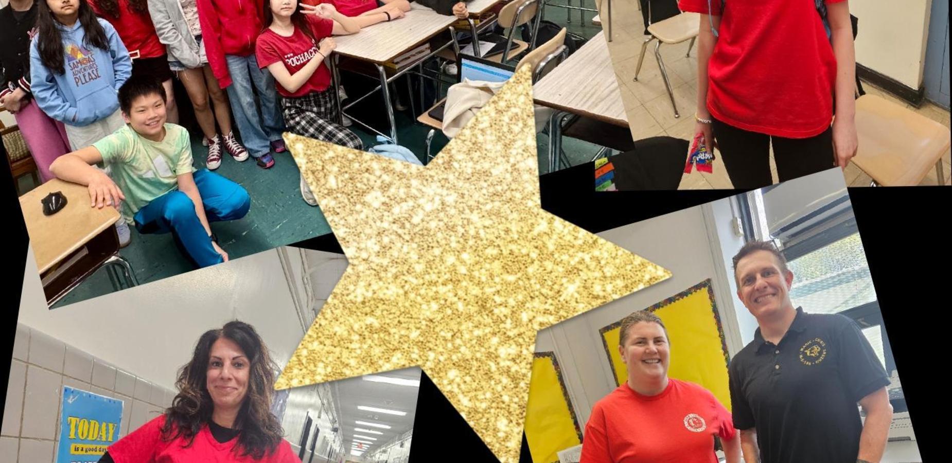 Group of students and teachers posing in a classroom with a glittery star overlay.