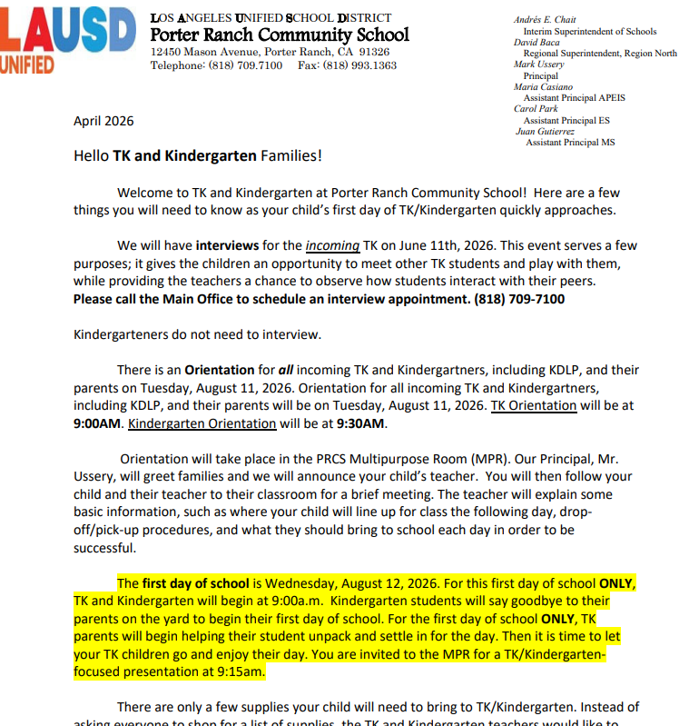 updated TK.Kindergarten orientation letter