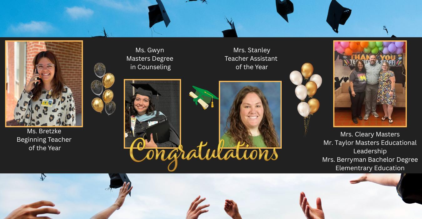 Graduation celebration with teachers' achievements and congratulations text.
