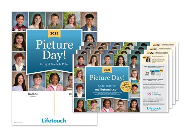 Sample student class photos surrounding a blue hexagon