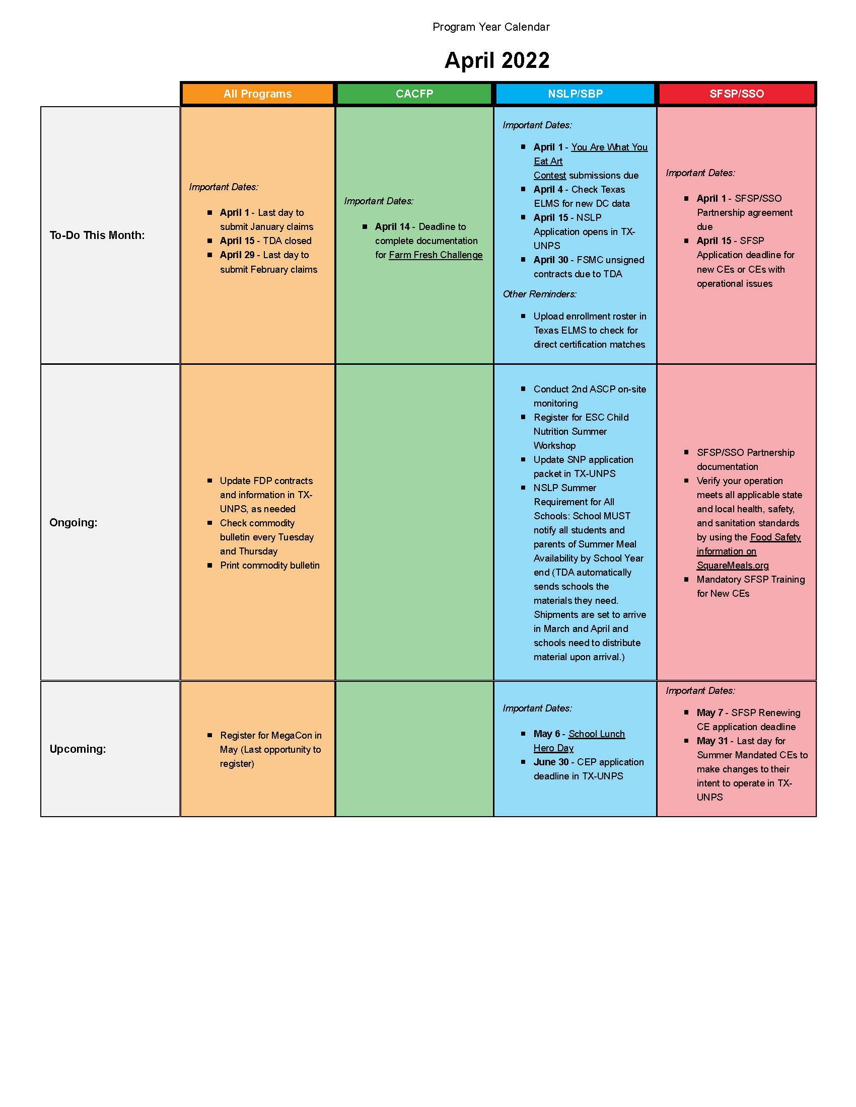 Calendrier Tda 2023 Child Nutrition – Administrative Services – Esc Region 7