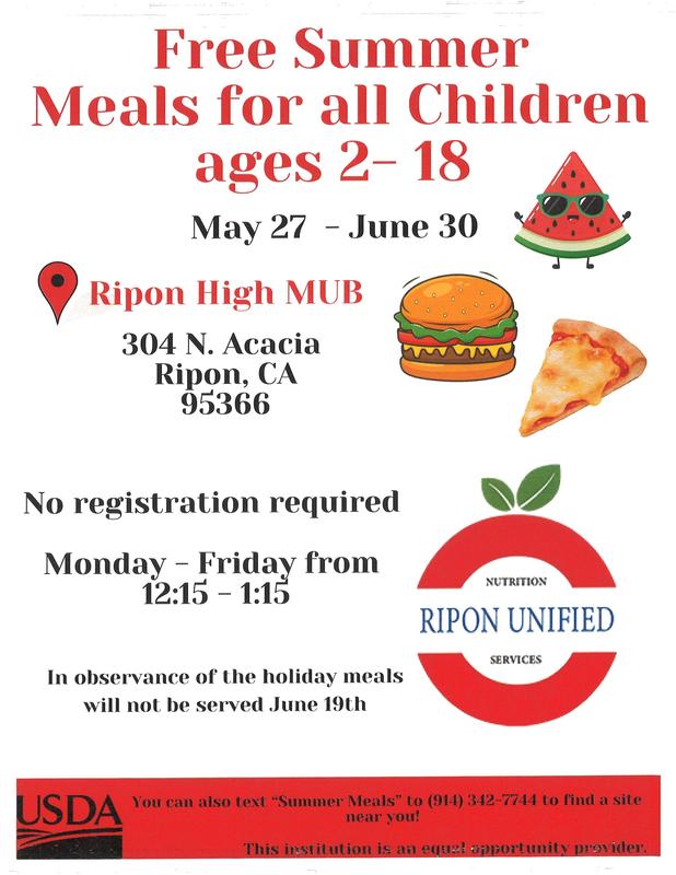 Free Summer Meals - May 27 - June 30 - ages 2 - 18