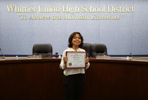 Pioneer High School senior Nydia Palacios was honored with an Award of Merit, presented by the Whittier Union Board of Trustees on September 9.