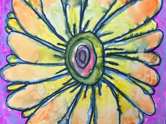 Bright, abstract flower illustration with vibrant colors against a purple background.