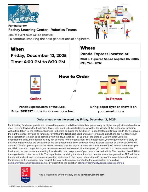 A Quick Break from Finals! Support Foshay Robotics at Panda Express on Friday, 12/12/25 (anytime 4p~8:30p) Featured Photo