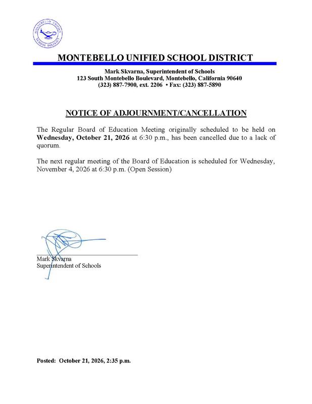 Notice for Board of Education Meeting Cancellation