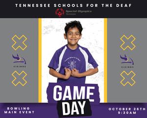 Boy in purple Vikings shirt smiling, promoting Game Day for Special Olympics.