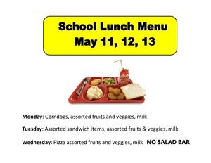 Lunch Menu for the last three days of school