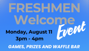 flyer with blue background and white letters