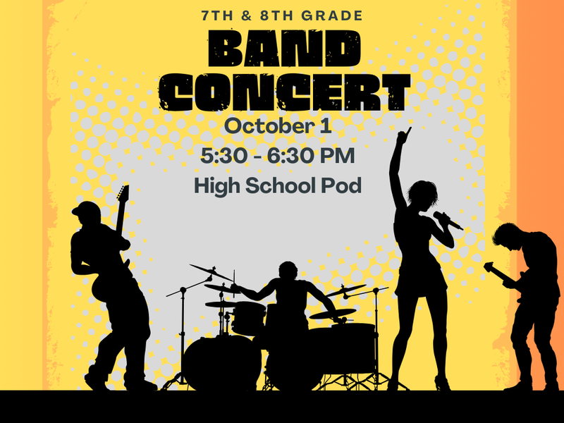 Silhouette of Rock Band advertising 7th and 8th grade Rock Band Concert on October 1st