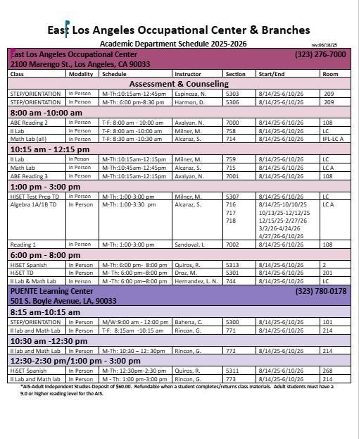 Academic Fall Schedule