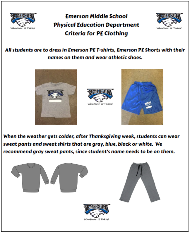 Emerson PE shirt, short, & sweats criteria 2025-2026