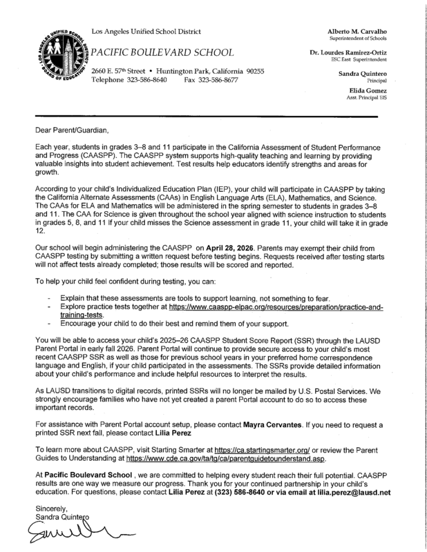 CAASPP Parent Letter