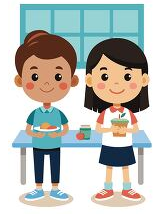 Two children smiling, holding food items in a cafeteria setting.