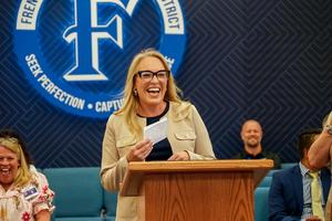 Cathy Barnhill being recognized at Frenship ISD Board Meeting