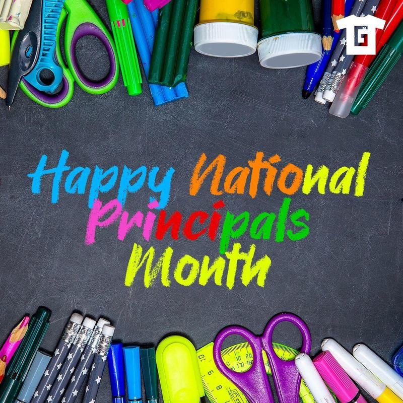 colorful design with scissors, pencils, pens that reads happy national principals month