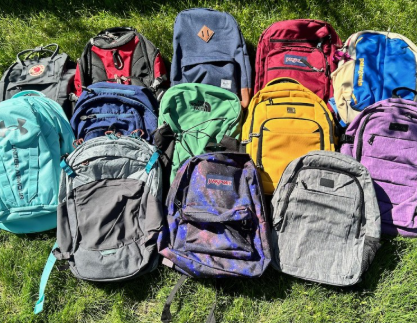 Various backpacks in different colors and styles arranged on grass.