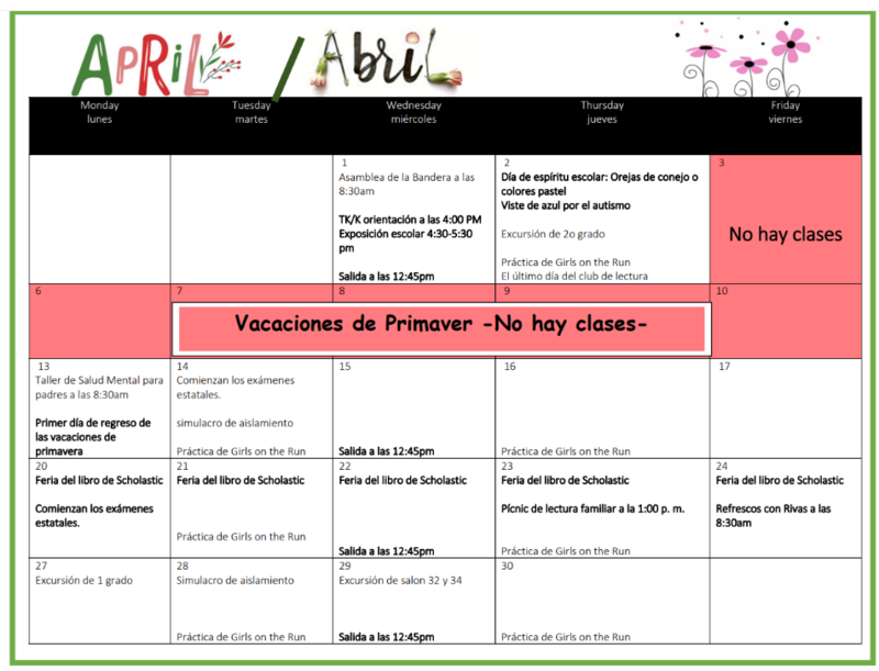 April Spanish Calendar